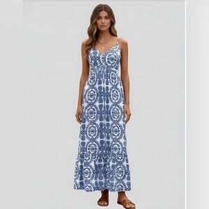 Boho Backless Ruffle Hem Maxi Dress Blue